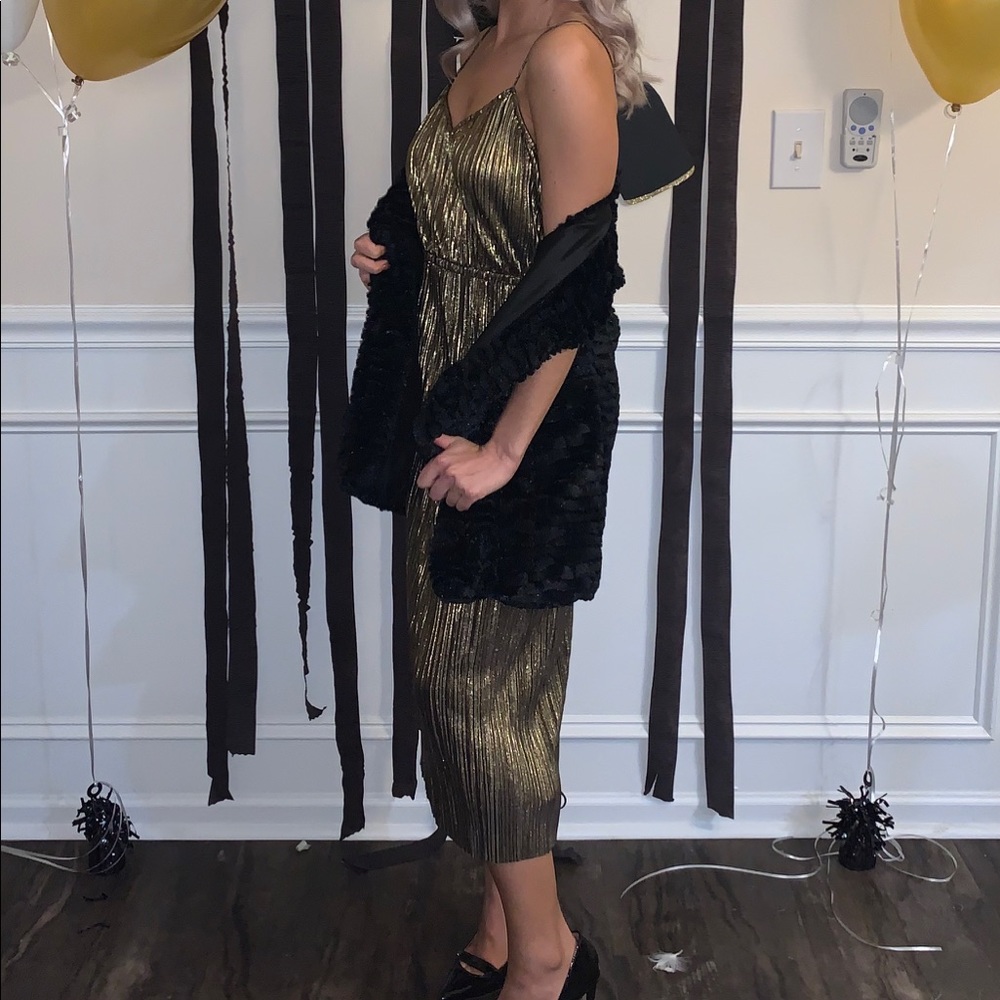 Gold Metallic Accordion Pleated Dress
